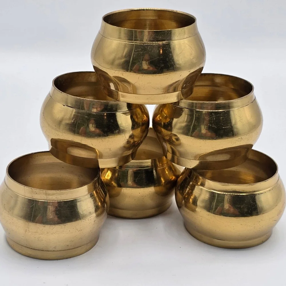 Vintage Brass Napkin Rings Set of 6 Gold Barrel Round Mid Century Modern Table